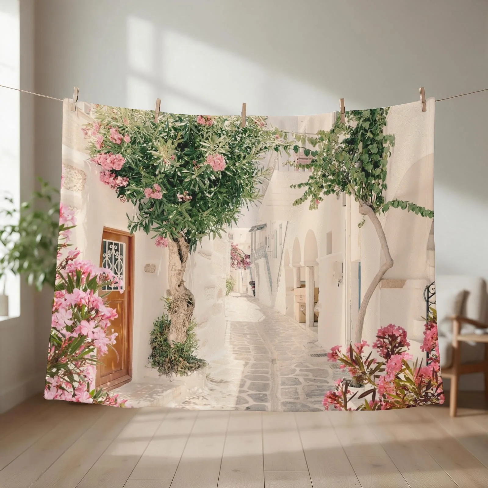 Santorini Greece Mamma Mia Pink Oleander Cottage Wall Art Prints Throw Blanket