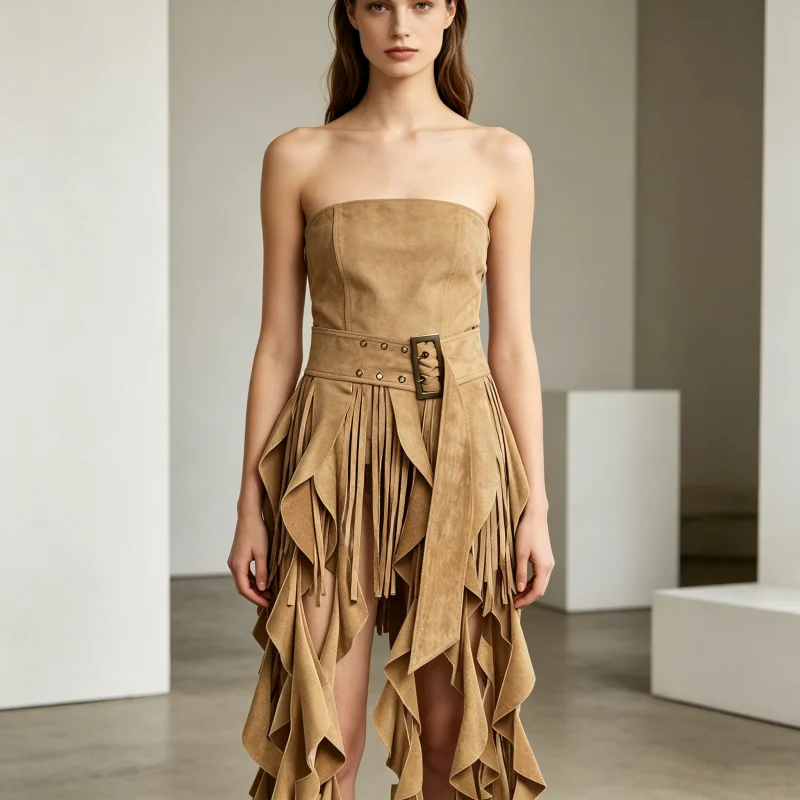 1pc Summer Women's Solid-Color Ruffled Waistband Retro-Style Metal Buckle Fringed Hem Hip Hop Street Dance Wear