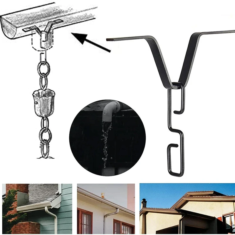 Rain Chain Gutter Adapter Black V-Shaped Rain Chain Adapter Rain Chain Hook With S-Shaped Hook, For Outside Rainy D