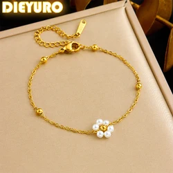DIEYURO 316L Stainless Steell Pearl Splicing Flower Golden Fashion Bracelet For Women Girl New Trend Hand Chain Jewelry Gift