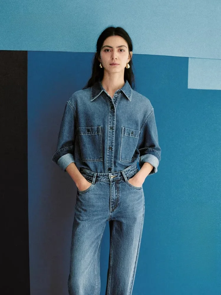 

Women's Denim Shirt Spring New Style Triacetate Soft Cotton Workwear Wind Long Sleeve Sharp Collar Mid-Length Pure Color Shirt