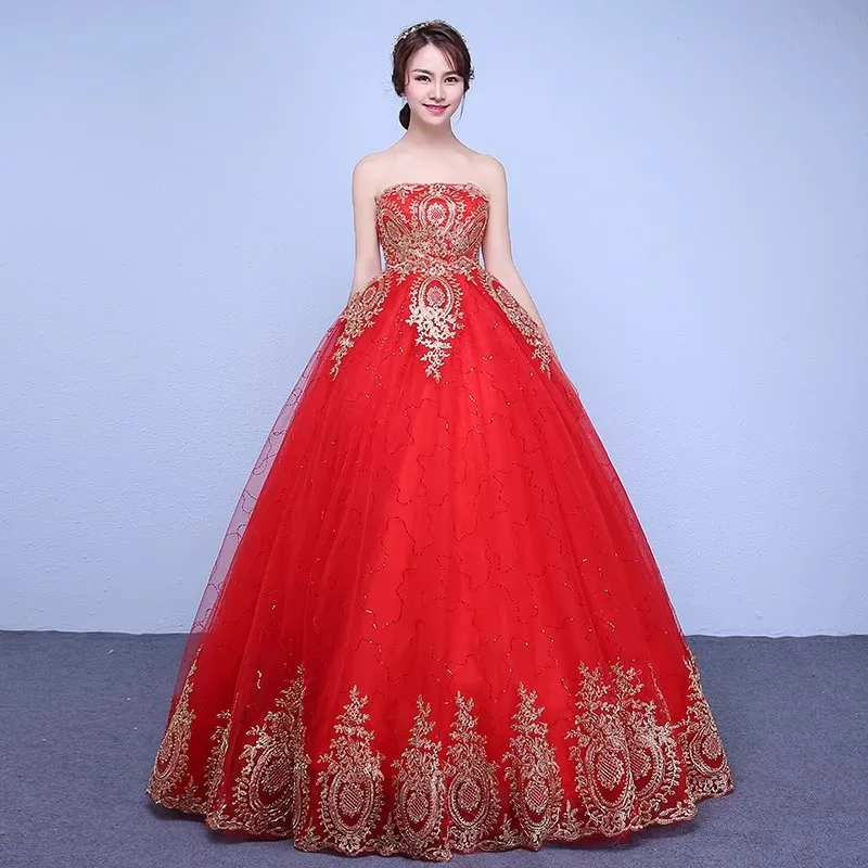 

It's Yiiya Red Wedding Dresses Cheap Golden Appliques Strapless Lace up Princess Floor-length Plus size Bride Ball Gowns XN092