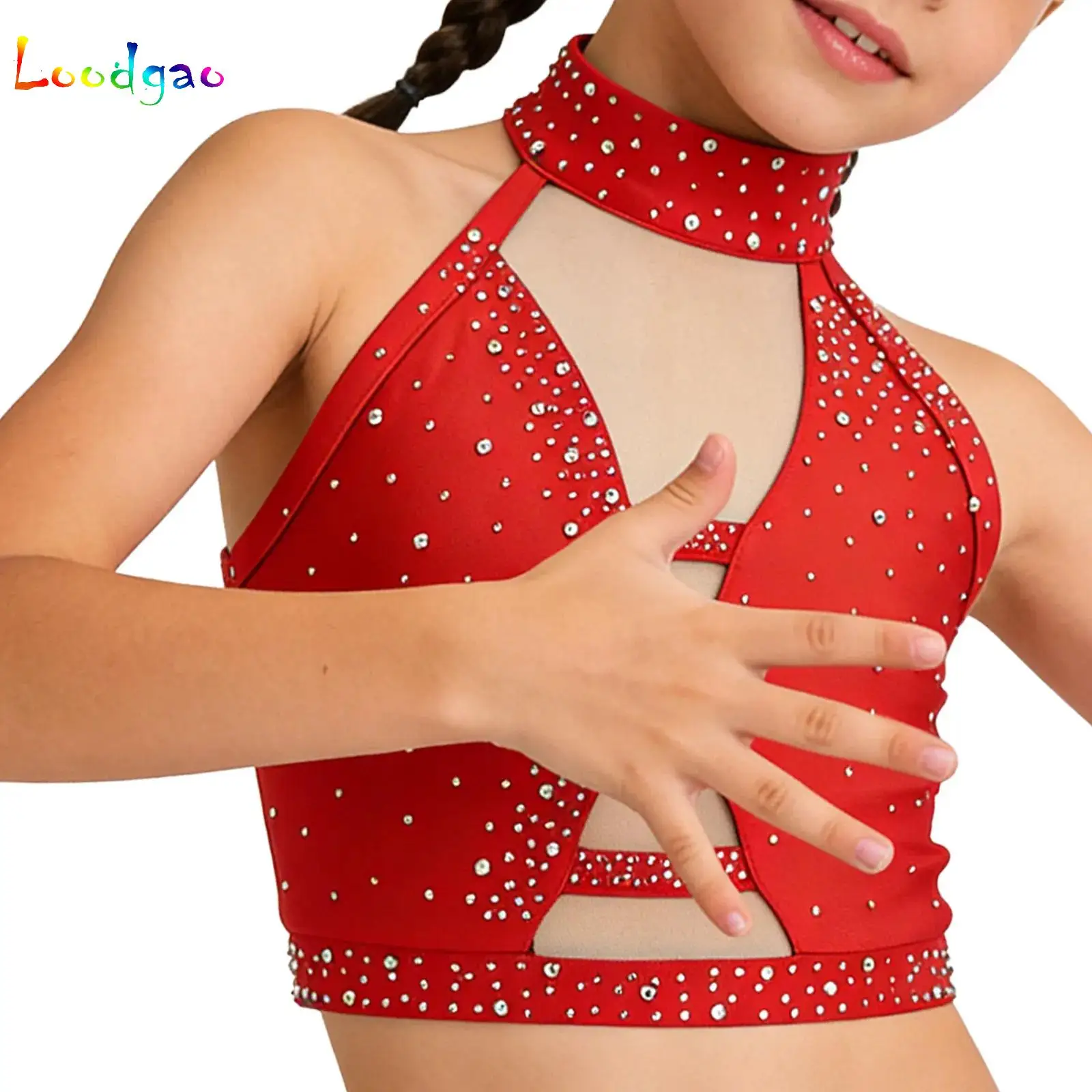 

Kids Girls Gymnastics Dance Performance Costume Sleeveless Sparkly Rhinestones Crop Top for Sports Workout Yoga Ballet Latin