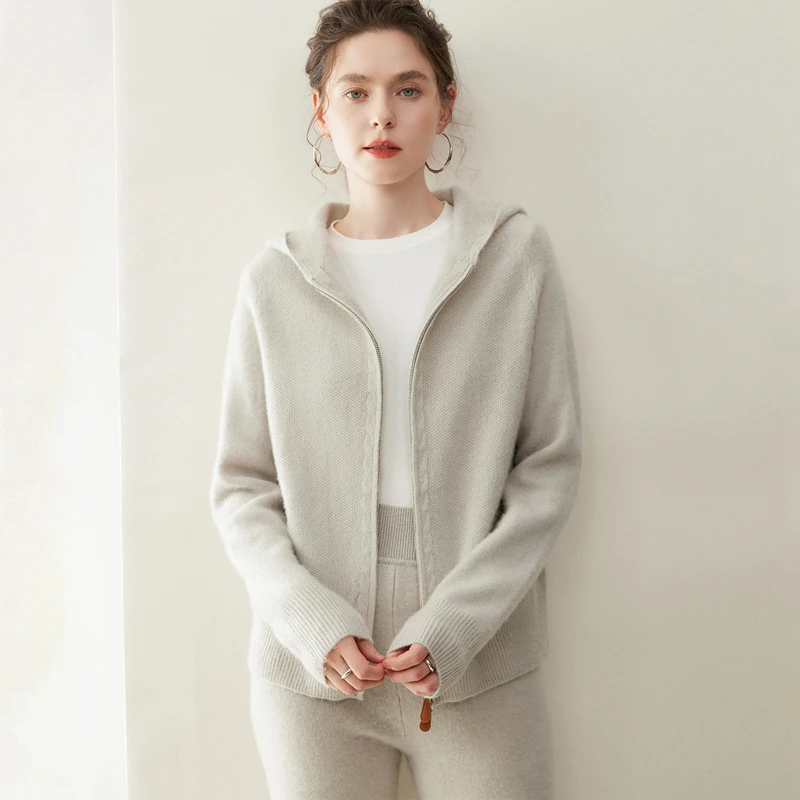 New 100% Cashmere Cardigan Sweater Women's Zippers Thick Autumn Winter Raglan Sleeve Simple Knitwear Grace Cashmere Clothing Top