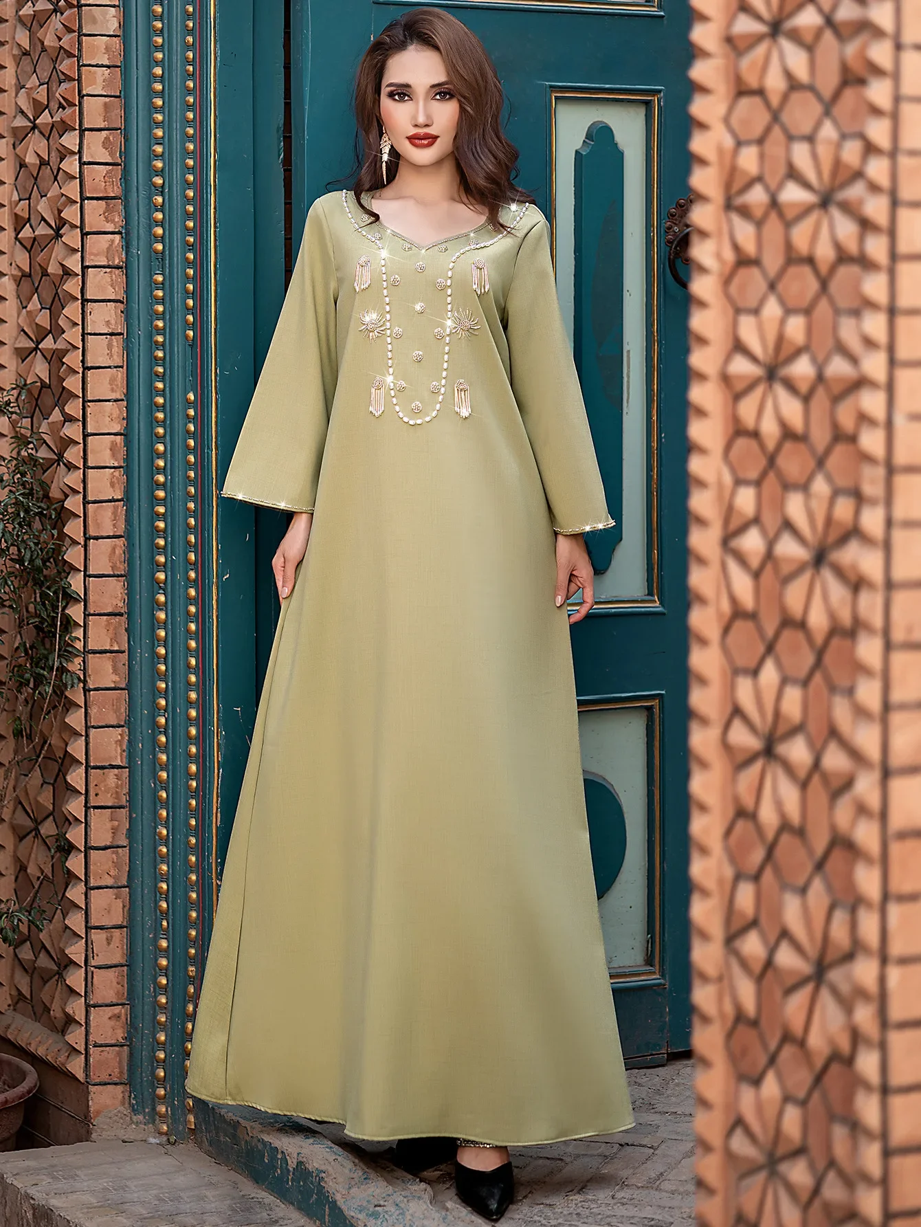 

Eid Dress for Women Abaya V Neck Diamond Party Long Dresses Muslim Caftan Robe Jalabiya Ramadan Dubai Kaftan Vestidos Largos