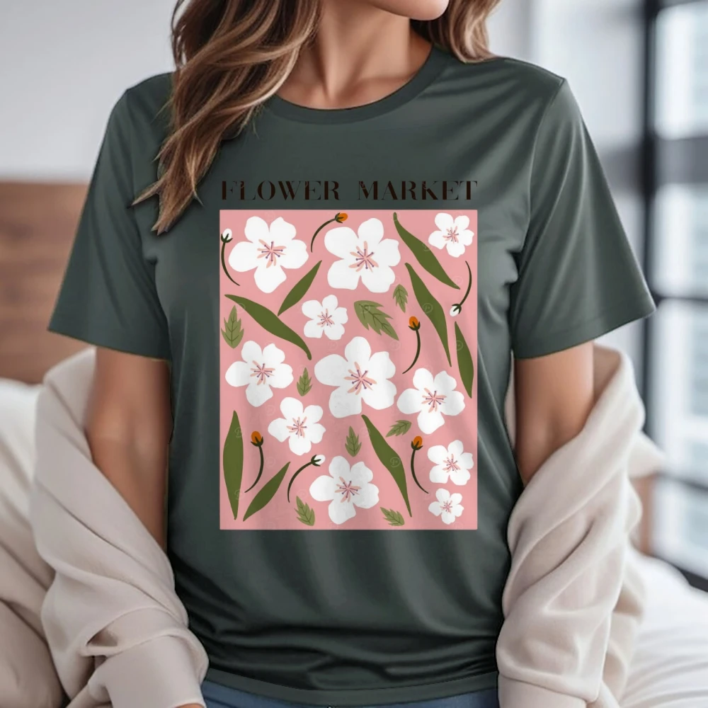 

Graphic T-shirt Flower Market T-shirt 100% Cotton High Quality Oversize Colorful T-shirt White Blossom Print Fresh Y2K Vibe