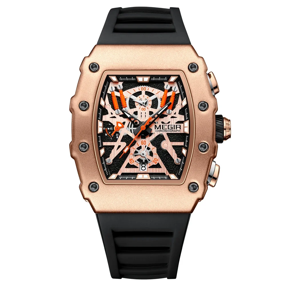 

MEGIR Military Sport Orange Silicone Strap Quartz Watch Men Fashion Luminous Tonneau Dial Chronograph Wristwatch with Date 2218