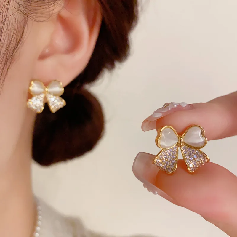 Korean Style Light Luxury Exquisite Fashionable Crowd Design Feeling Opal Zircon Bow Earrings for Women Jewelry