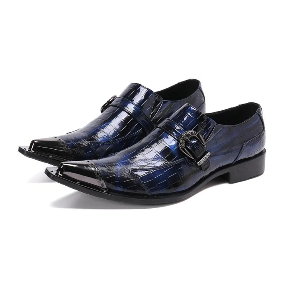 Blue Pointed Toe Oxford Shoes Men Slip-on Buckle Flats Formal Dress Wedding Leather