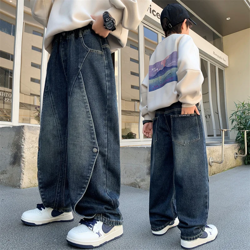 

Boy Jeans Ages 4-14Y Child Pants Tween Boys Special Botton Design Denim Students Loose Blue Long Trousers Toddler Autumn Jeans
