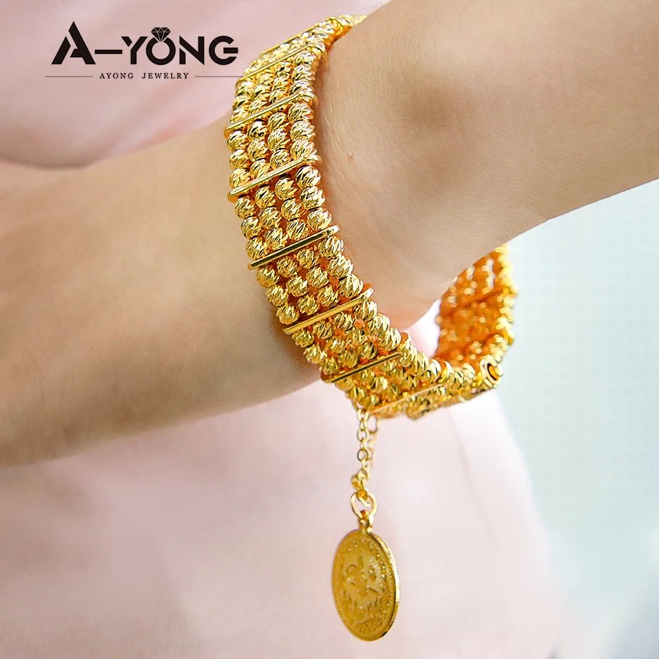 Algeria Bridal Wedding Cuff Bangles 24k Gold Plated Nigeria Luxury Multi Layer Bead Bracelet Women Gold Engagement Jewelry