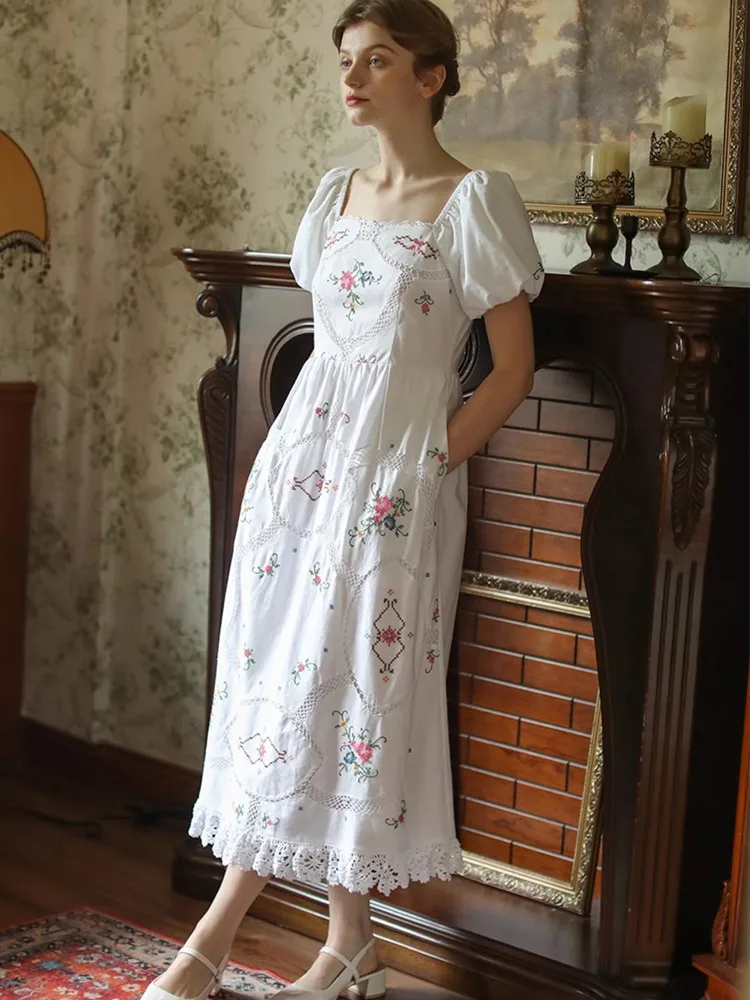 84-94cm Bust Summer White Dress For Women Antique Handmade Cross Hook Flower Embroidery Limited Edition Elegant Birthday Dress