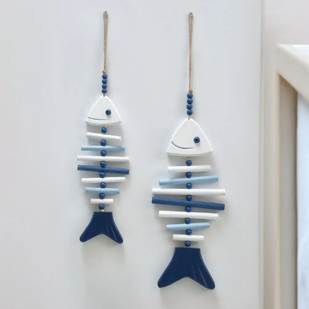 

Wooden Hanging Fish Bone Decor Handmade Wall Art with Hemp Rope And Beads for Nautical Home Room Decor Gift For Beach Lovers