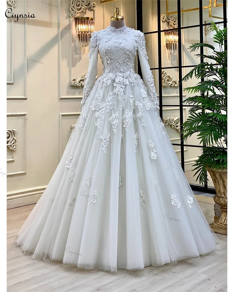 Ciynsia personalizado 3d flores a linha vestido de casamento para mulher 2025 noiva manga longa a linha vestido de noiva muçulmano vestidos de novia