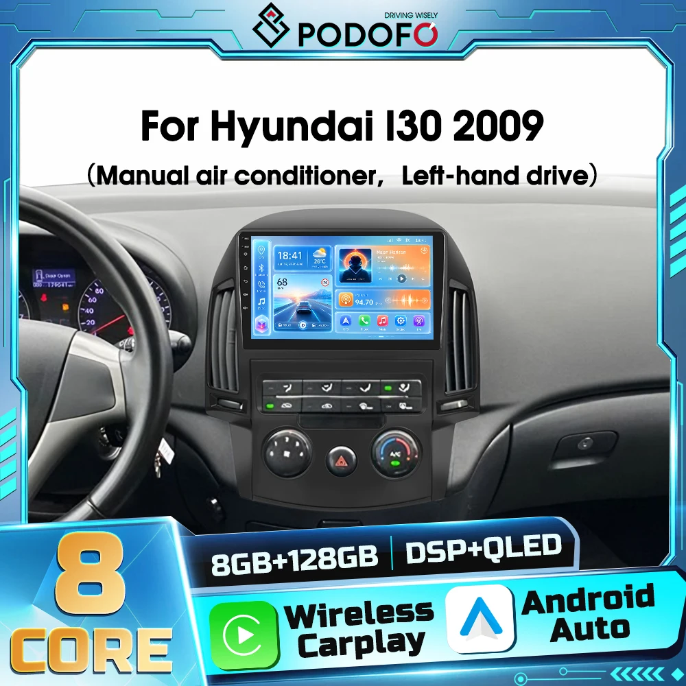 Autoradio multimediale Android 2DIN Podofo per Hyundai I30 2009 con Carplay wireless, Android Auto, GPS, WIFI, DSP, Bluetooth, FM, RDS