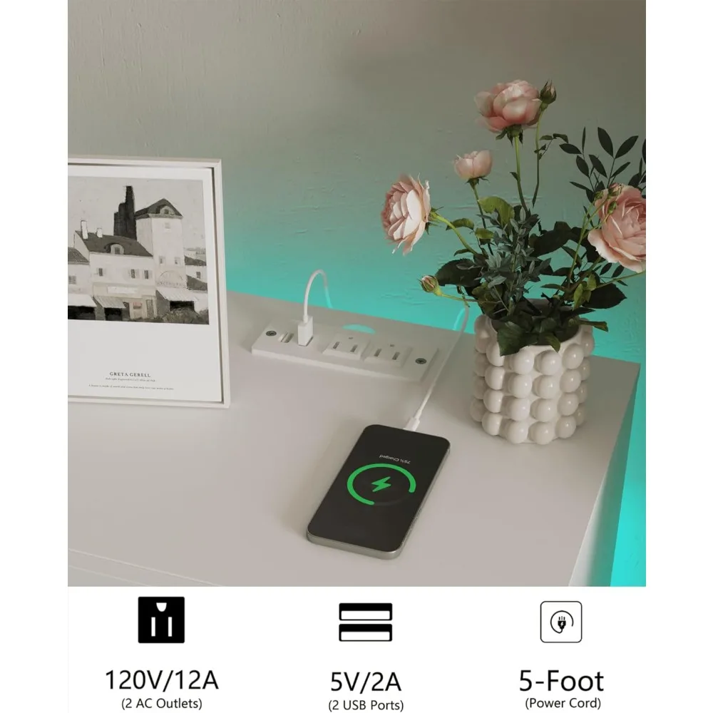 충전 스테이션이 있고 LED 조명이 있는 흰색 침대 옆 탁자, 수납 서랍 2개가 있는 현대적인 침대 옆 탁자, 단단한 나무 다리가 있는 나이트 스탠드