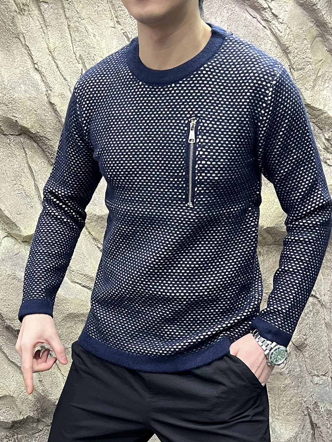 Pull en laine tricoté doublé Fce pour hommes, tenue décontractée, mélange de fermeture éclair, haut chaud d'hiver rond Ne Long Sve