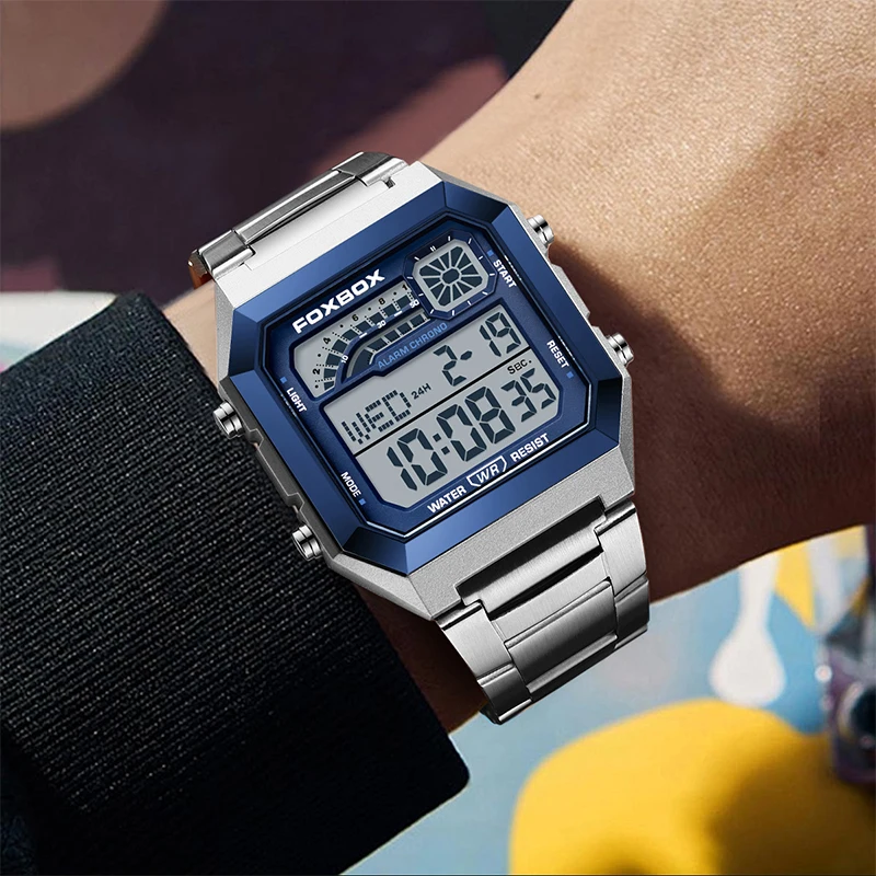 ساعات LIGE للرجال فاخرة بتقويم مضيء LED ساعة يد رجالية عصرية مقاومة للماء مربعة من الفولاذ المقاوم للصدأ ساعات رقمية غير رسمية