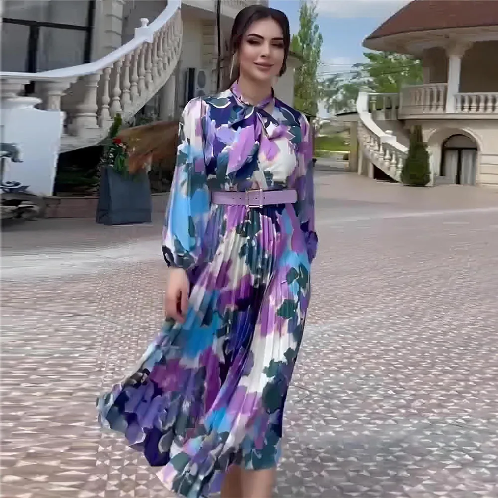 Colorful Printed Pleated Dress Women Scarf Collar Long Puff Sleeve Dresses Female Fashion Slim Commuter Robe Streetwear Vestido