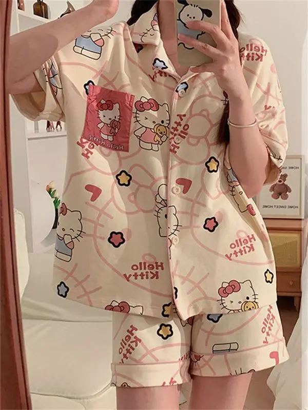 

Hello Kitty Women's Pink Summer Cartoon Print Pajama Set Short Sleeve Shorts Outdoor-Ready Sleepwear & Loungewear