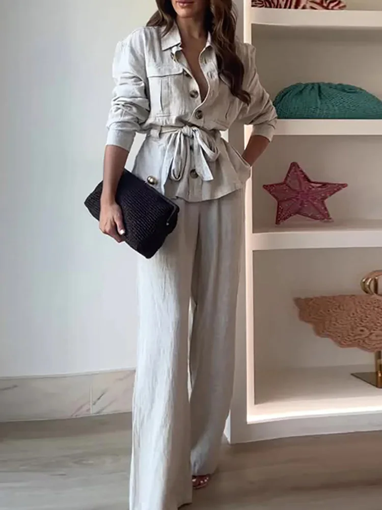 

2025 Новый осенний темпераментный наряд для вечеринки, офисный женский костюм-рубашка с длинными рукавами и лацканами, ретро однотонный свободный длинный брюки, комплект из 2 предметов