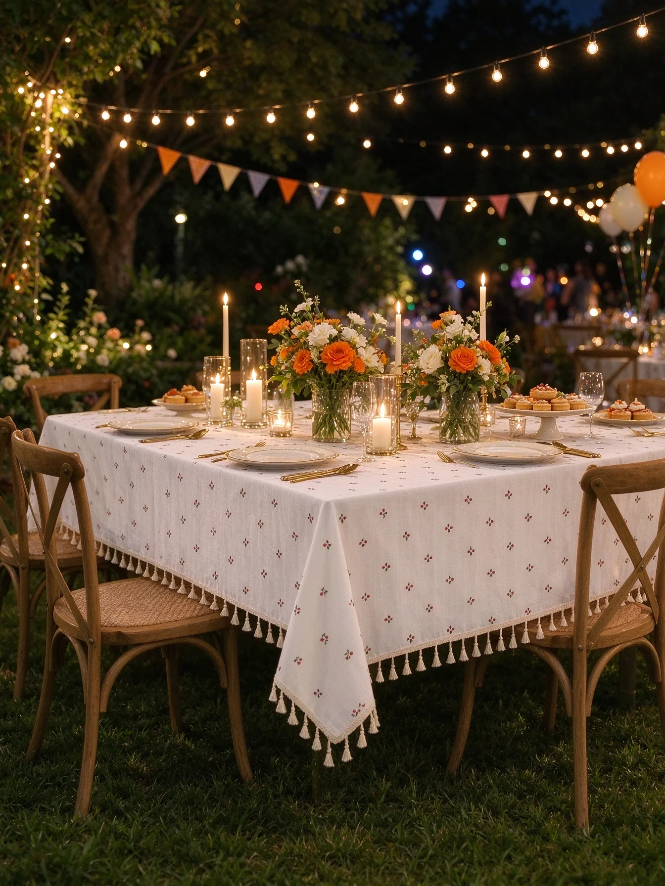 1PC White Jacquard Tassel Tablecloth, Rustic Farmhouse Table Cover for Wedding Party, Garden Patio Dining Table Decoration