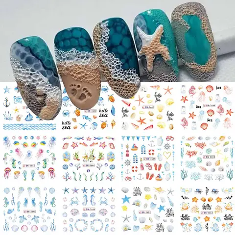 12 Designs Summer Ocean Theme Nail Sticker Colorful Conch Starfish & Jellyfish Designs Water Transfer Slider Manicure Decoration