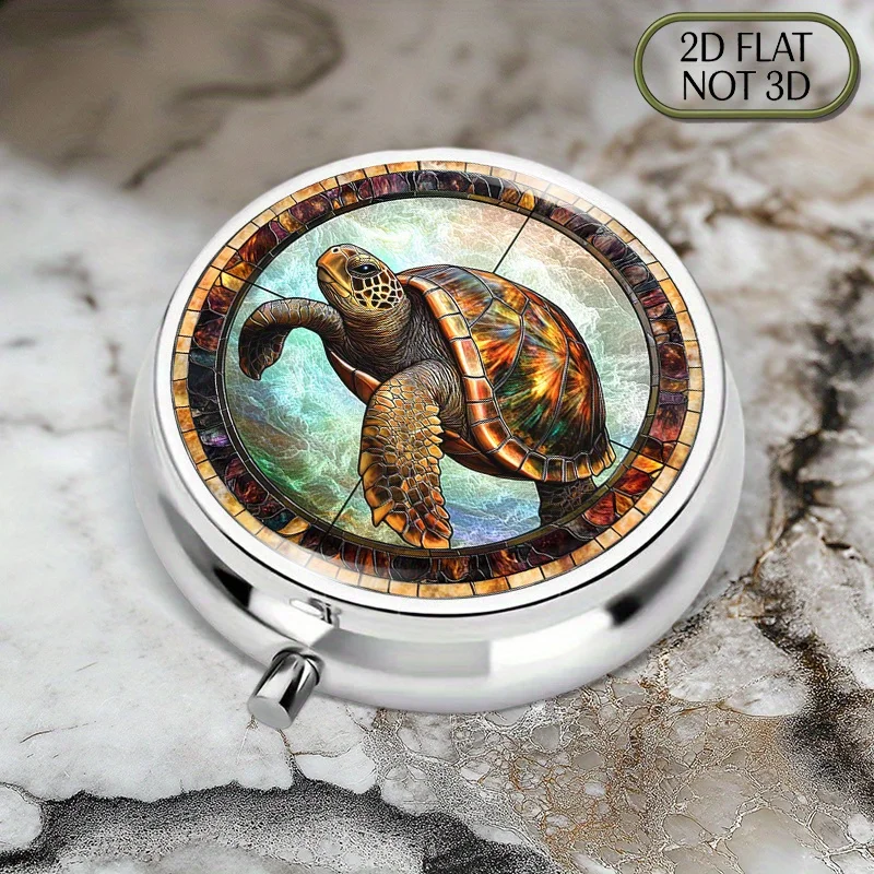 1 Colorful Glass Turtle-Shaped Pill Box - Round Metal Capsule Storage Box, Suitable for Storing Medicines, Vitamins - Portable Daily Dosage Box, Thoughtful Gift for Patients, Flat Design