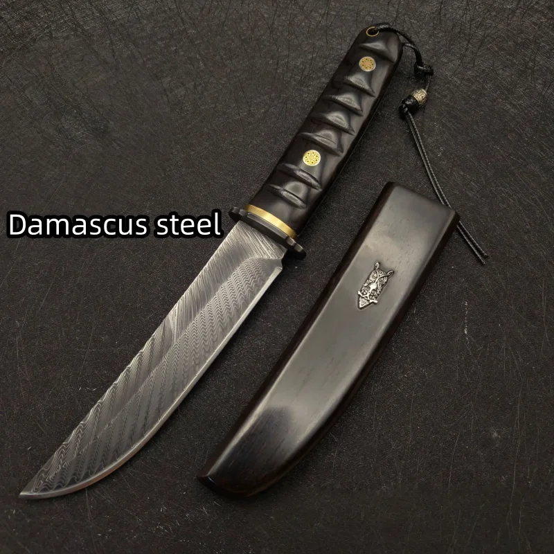 มีดตรงขนาดเล็ก ลายไม้ดำ ดามัสกัส รูปนกฮูก ความแข็งสูง คมกริบ เหมาะสำหรับการปีนเขา ตั้งแคมป์ เอาตัวรอดกลางแจ้ง