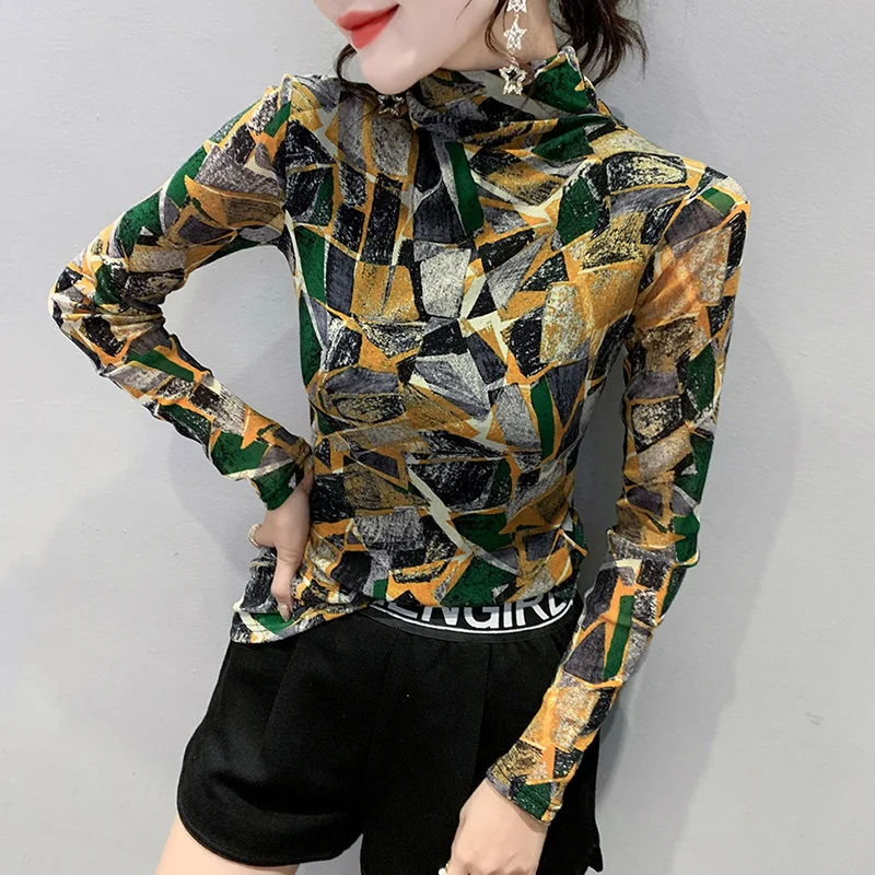 #8101 primavera autunno stampato T-Shirt donna di alta qualitร moda sottile dolcevita T-Shirt femminile maglia manica lunga donna top
