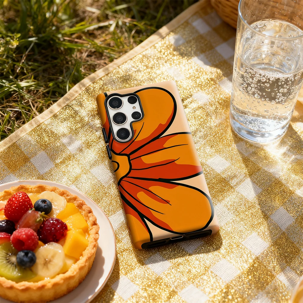 حافظة هاتف جريئة على شكل زهرة برتقالية لهاتف سامسونج جالاكسي S25 Ultra S24 S23 Ultra Plus غطاء خلفي لامع بطبقة مزدوجة #5