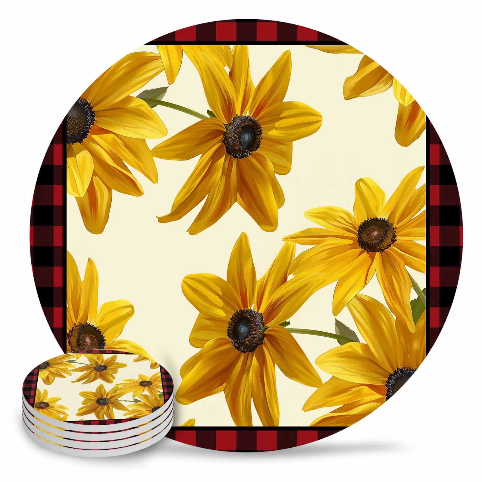 Grid Chrysanthemum Flowers Ceramic Coaster Set Kitchen Table Round Placemat Luxury Decor Coffee Tea Cup Coasters