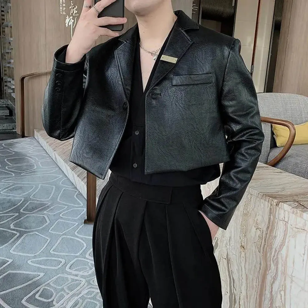 Mens Pu Leather Motorcycle Casual Jacket Streetwear Fashion Biker Nightclub Stage Performance Short Top Men'S Clothing 2025 New