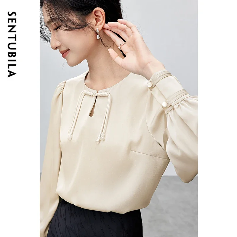 SENTUBILA Elegant Satin Blouse Women 2025 Spring Chiffon Straight Hollow Out Tassel O Neck Chinese Style Women Tops 143V58117X
