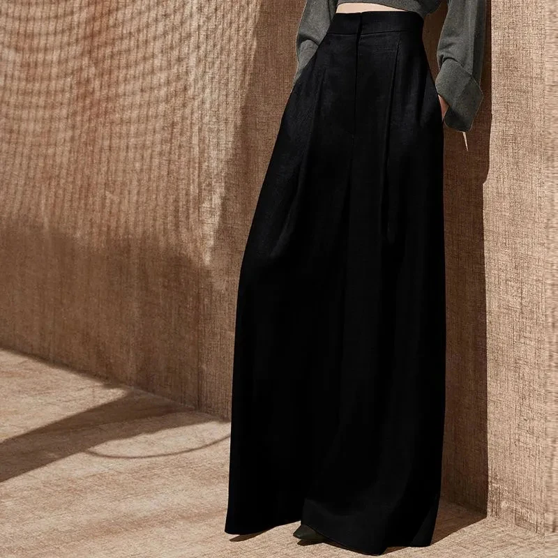 Women Black Suit Wide Leg Pants Summer High Waisted Korean Commuter Toursers Thin Slim Casual Office Lady Classic Smiple Pants