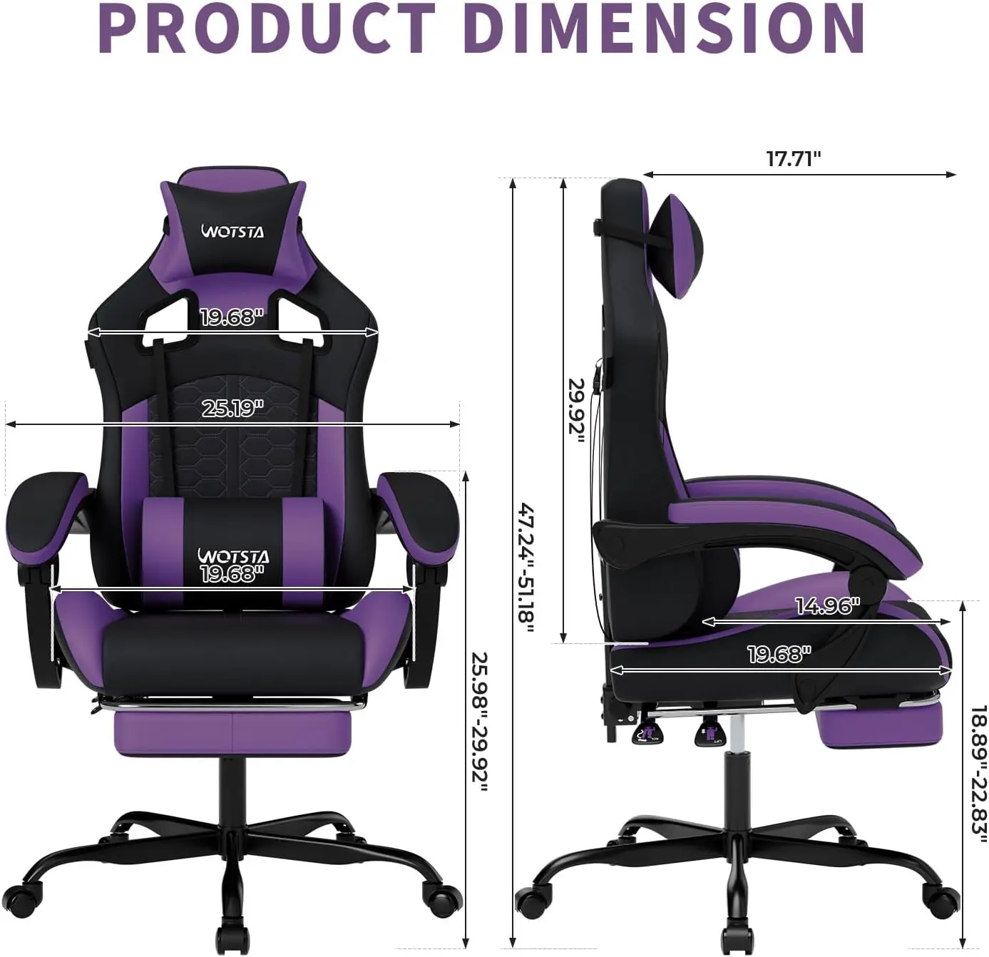 Gaming Chair with Massage,Ergonomic PC Gaming Chair with Footrest Comfortable Headrest and Lumbar Support,High Back Game Chair PVC Leather,300LBS (BlackPurple) view 2