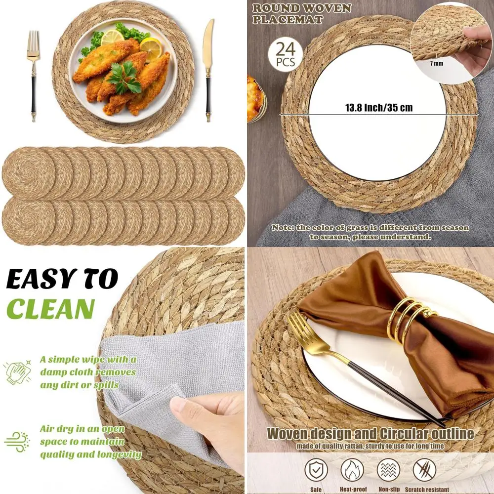 

Натуральные салфетки ручной работы из ротанга в стиле бохо, набор из 24, 13,8 диаметра, круглые тканые коврики для стола в стиле фермерского дома