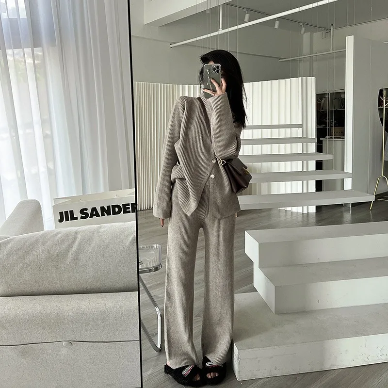 Half High Neck Knitted Jumper Wide Leg Trousers Two-piece Women\'s Autumn and Winter 2024 New Casual Petite Suit