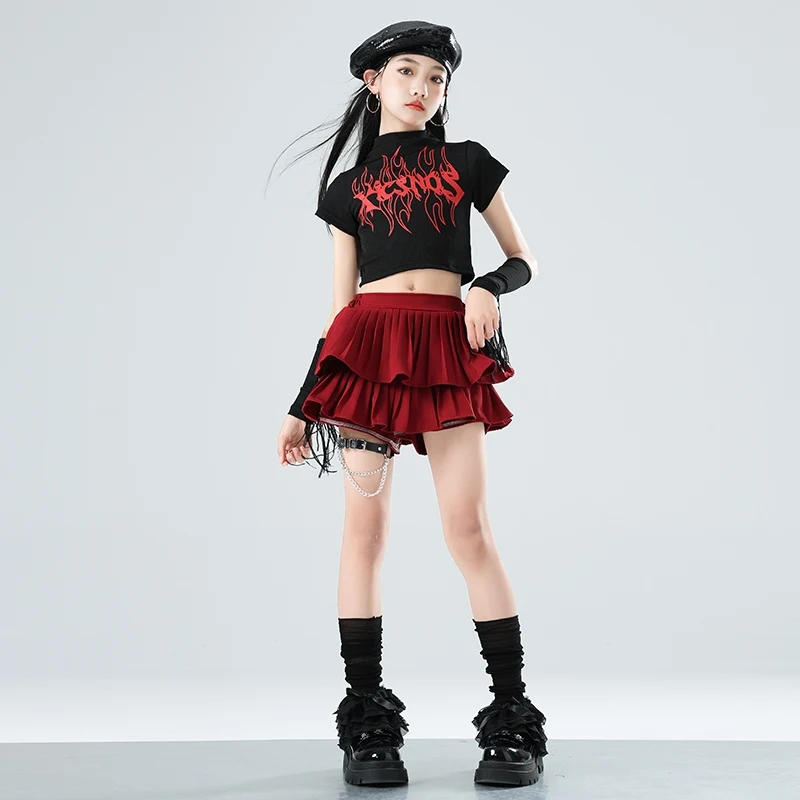 Kids Jazz Costume Cheerlead Dance Crop Tops Red Skirt Kpop Performance Outfits Hip Hop Dance Clothing Kids Street Wear BL15797