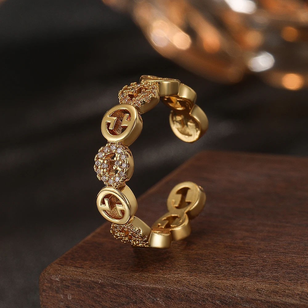 1PCS Classic Zircon Copper Coin Twisted Chain Women's Ring, Gold Opening Adjustable Elegant Couple Ring, Wedding Jewelry Gift
