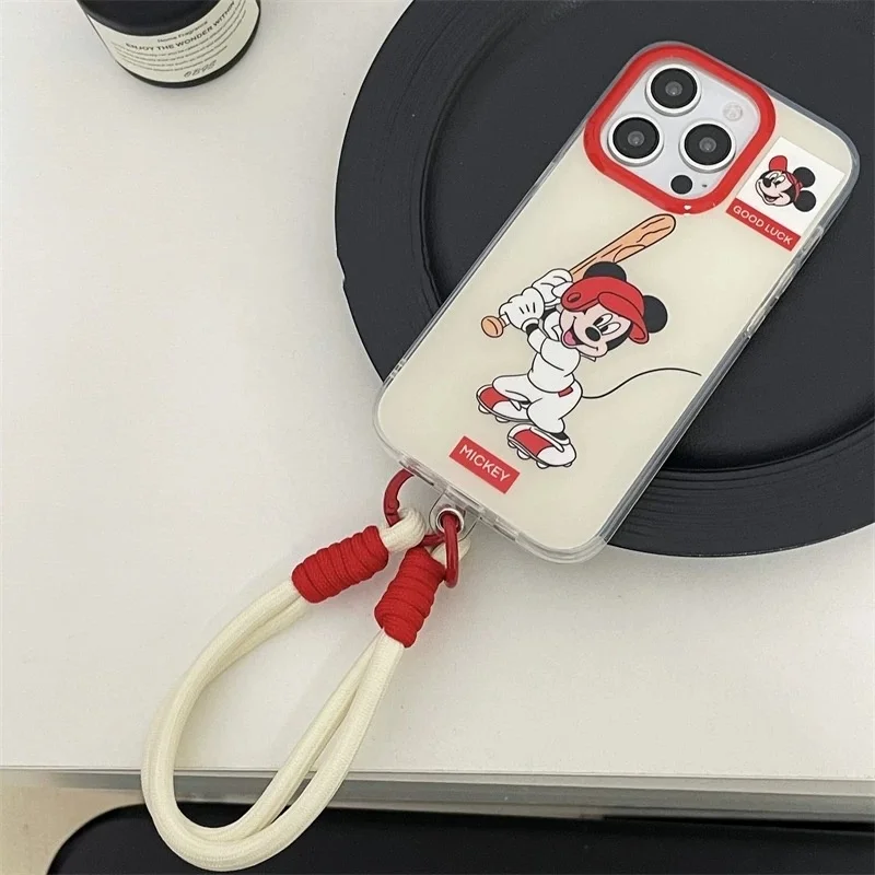 Funda de teléfono anticaída con cordón de Mickey de béisbol de dibujos animados de Disney para iPhone 13 14 12 15 Pro Max Y2K llavero de béisbol de Mickey