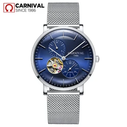 Carnival-reloj mecánico para hombre, cronógrafo automático con correa de malla de acero inoxidable, resistente al agua, con esqueleto de cristal de zafiro