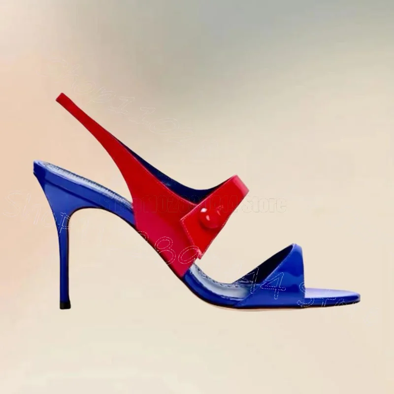 버튼 장식 레드 블루 에나멜 샌들 버튼 스트랩 여성 슈즈 얇은 하이힐 오픈토 데이트 2025 여성 신발