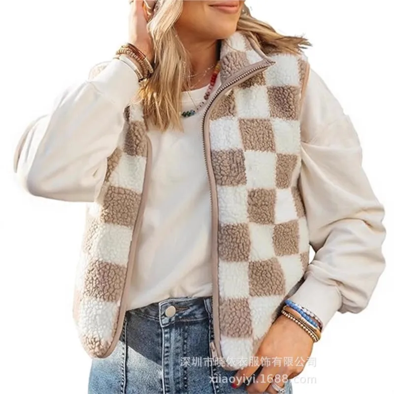 الصوف منقوشة طباعة سترة دون أكمام معطف 2025 امرأة سستة فضفاضة أفخم الدافئة صدرية فام الخريف الشتاء سترة غير رسمية سترة