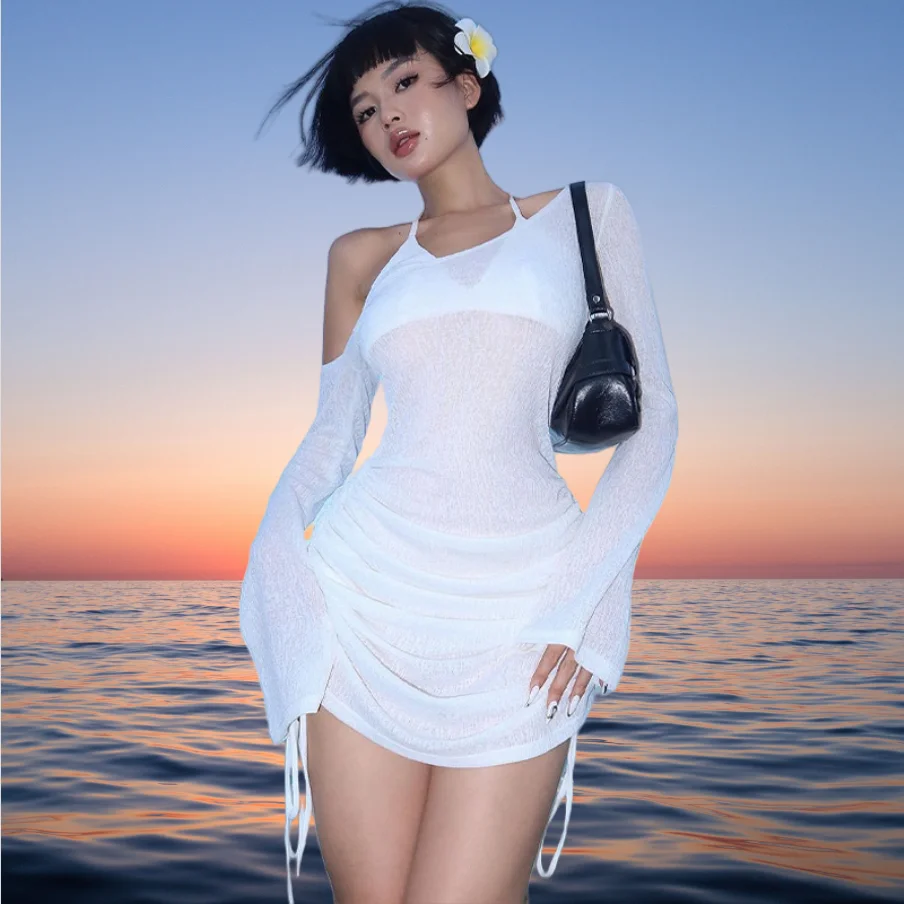 2025ฤดูร้อนผู้หญิงSkew Collar Lace-Up Ruchedดูผ่านชุดมินิแขนยาวBackless Clubwearปาร์ตี้ค็อกเทลชุดราตรี