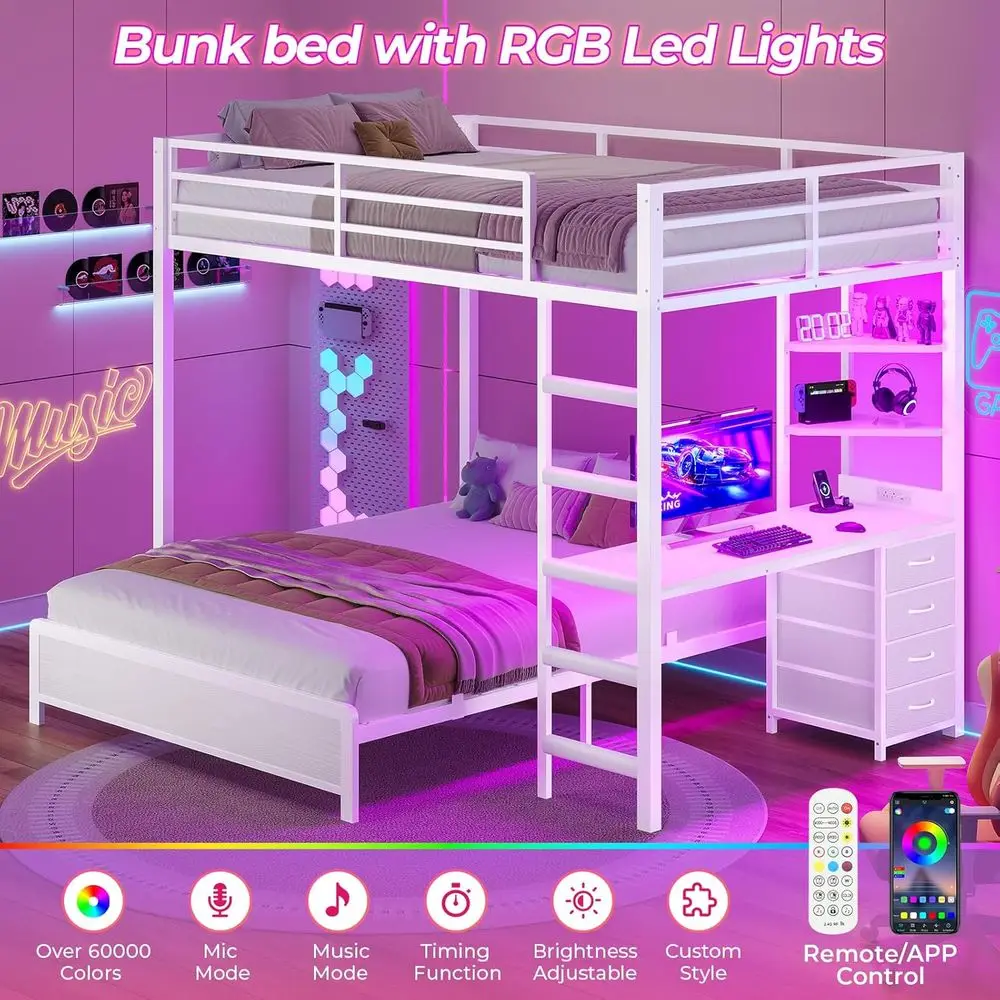 Full Over Full Bunk Bed with Desk, Charging Station, LED Lights, Storage Drawers, and Shelves, Metal Frame with Safety Rail and view 3