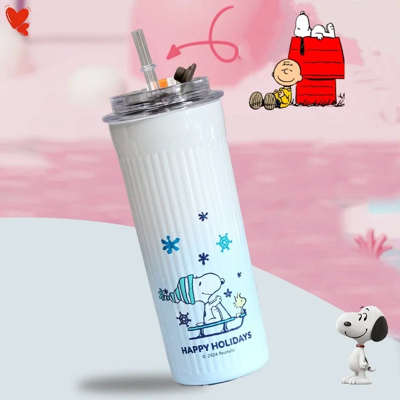 Anime dos desenhos animados Spiked Snoopy Thermos Cup com palha, copos de café de grande capacidade, acompanhante beber suco garrafa, presentes para meninos, 316