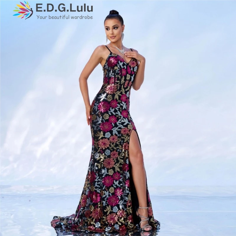 EDGLuLu Elegante scollo a V senza maniche festa di compleanno abito donna sexy backless floreale con paillettes alta fessura abiti lunghi a sirena 0629