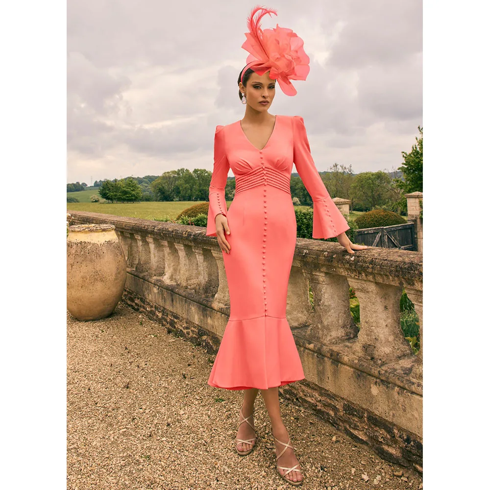 

Customized Wedding Guest Dresses for Women Long Sleeves V Neck Mermaid Cocktail Gowns Midi Buttons Trumpet Formal Party Dress