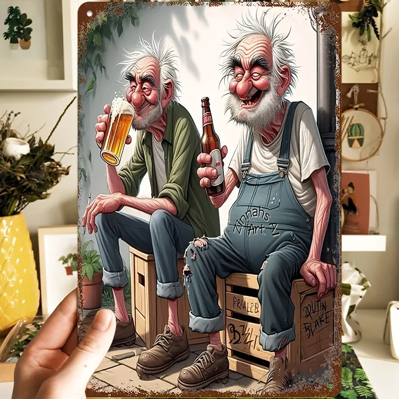Lustiges Vintage-Blechschild mit Alten Männern beim Biertrinken, Retro-Cartoon Ältere Freunde Bier Wandkunst Deko, Rustikale Humorvolle Männerhöhle